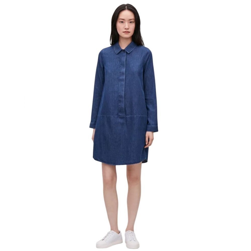 COS A-Line Long Sleeve Denim Shirt Dress Size 12 Dark Wash Blue Jean Collared
